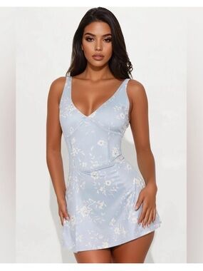 AS REVIVAL~ Light Blue Floral Romper Dress Medium